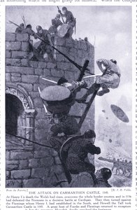 El ataque al castillo de Carmarthen AD1136, años 1920 de John Harris Valda