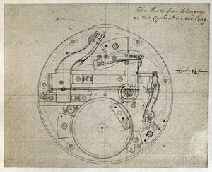Dibujo de la disposición del movimiento del cronometro H4 de John Harrison (1693-1776), c.1759 (pluma y tinta sobre papel)