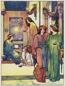 Las doncellas se levantan y recortan sus lámparas (litografía en color) de John Hassall
