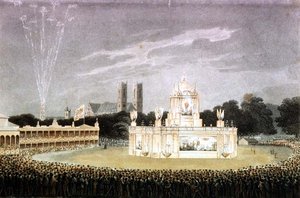 Espectáculo de fuegos artificiales en Green Park para celebrar la derrota de Napoleón, grabado por Matthew Dubourg pub. 1814 (grabado) de John Heaviside (after) Clark