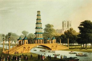 El Puente Chino y la Pagoda, erigidos en el parque en conmemoración de la Gloriosa Paz de 1814, grabado por Matthew Dubourg (fl.1785-20) de John Heaviside (after) Clark