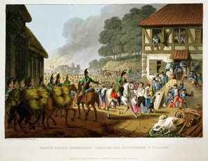 Tropas Francesas Retirándose y Saqueando un Pueblo, grabado por Matthew Dubourg de 