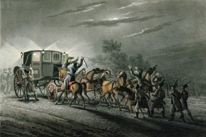 La captura del carruaje, papeles y tesoro de Bonaparte por el Mayor von Keller, Waterloo, 18 de junio de 1815, grabado por Matthew Dubourg