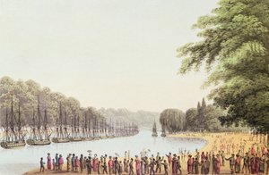 La flota en el río Serpentine, grabado por Matthew Dubourg (fl.1813-20) 1814 de John Heaviside Clark
