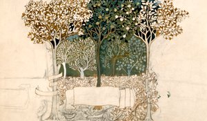 Árboles en un huerto, diseño de tapiz para Morris y Co.