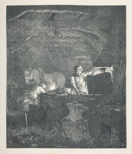 Lámina 13. Un herrero.  Imágenes de la naturaleza. Una serie de treinta ilustraciones originales dibujadas en madera por J. H. Dell y grabadas por R. Paterson.  Juan Enrique Dell de John Henry Dell