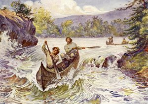 Canadienses navegando rápidos en canoas
