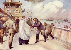 Pescadores de la flota pesquera del Mar del Norte reuniéndose para el culto