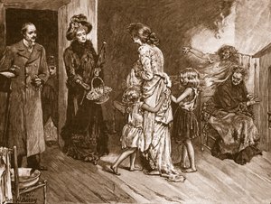Occidente se encuentra con Oriente: visitantes acomodados en una vivienda de tugurios, ilustración de 