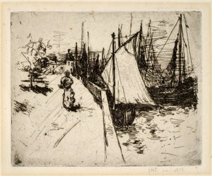 Mujer en el muelle, Honfleur de John Henry Twachtman