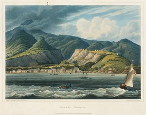 La ciudad de Roseau, Dominique (Caraibes). Litografía (32,2x46,6 cm) del teniente John Herbert Caddy (1801-1883). de John Herbert Caddy