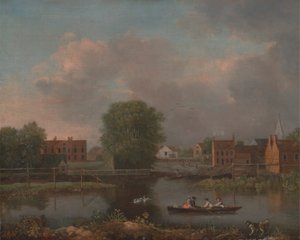 Un paisaje fluvial, posiblemente una vista desde el extremo oeste del puente de Rochester de John Inigo Richards RA