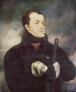 Retrato del Capitán Lyon, medio cuerpo, con un abrigo con ribete de piel, sosteniendo un arma de John Jackson