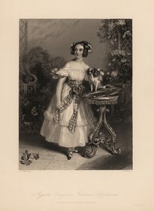 Augusta Georgina Frederica Fitzclarence, hija de Lord Frederic Fitzclarence, hijo ilegítimo del Rey Guillermo IV. Lleva el cabello en rizos y cintas, y viste un vestido con los hombros descubiertos atado con una faja, sostiene un spaniel King Charles en un de John James (after) Chalon