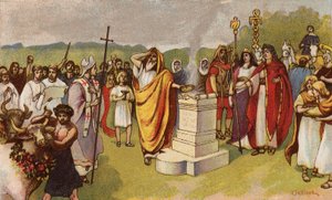 Constantino el Grande ofreciendo un sacrificio cuando llegan los primeros cristianos, York, 306 (chromolitho) de John Jellicoe