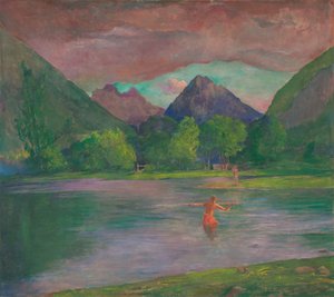 La entrada al río Tautira, Tahití. Pescador lanzando un arpón de John La Farge
