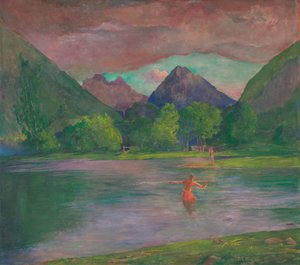 La entrada al río Tautira, Tahití. Pescador lanzando un pez de John La Farge