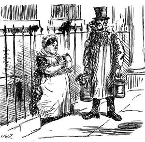 Caricatura en la que se comenta la dilución de la leche, que ha alcanzado tales proporciones que se ha tenido que legislar para frenarla. Ilustrada por John Leech (1817-1864), caricaturista e ilustrador inglés. de John Leech