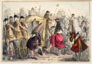 Georgey Porgey el Primero saliendo a pasear en su carroza de estado, de The Comic History of England, pub. 1864 de John Leech