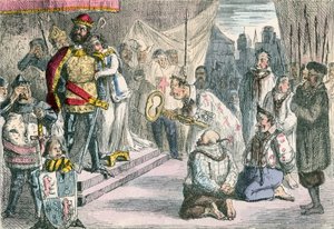 La reina Felipa intercediendo con Eduardo III por los Seis Burgueses de Calais de John Leech