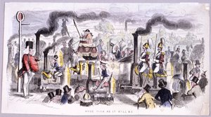 Vista de Hyde Park que satiriza la llegada de la locomotora de vapor, Londres, c1850