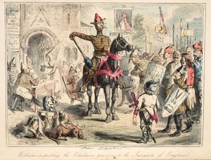 Guillermo el Conquistador inspeccionando a los voluntarios antes de la invasión de Inglaterra, de The Comic History of England, pub. 1864