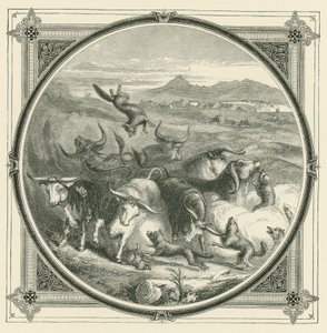Cuando viene el lobo, los bueyes dejan de pelear para unirse en defensa propia (grabado)