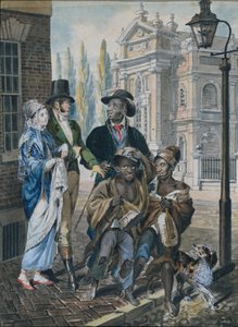 Gente mundana cuestionando a deshollinadores y su maestro frente a la Iglesia de Cristo, 1811-ca. 1813 de John Lewis Krimmel
