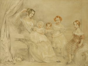 Retrato de la Sra. W.S. Fry y sus cuatro hijos: Emma, Willy, Julie y Georgina, sentados en un interior, 1840
