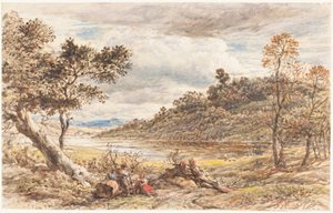 Viajeros descansando junto a un árbol caído de John Linnell