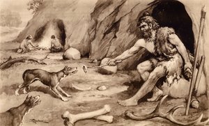 Hombre de las cavernas alimentando a un perro (litografía)