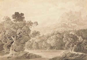 Orilla boscosa del río, pueblo de colinas y picos montañosos en la distancia de John Martin