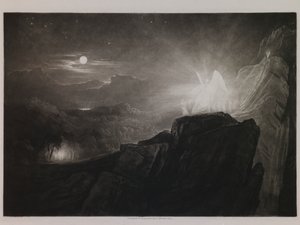 Los ángeles custodiando el paraíso de noche, ilustración de “Paradise Lost” de John Milton, Libro 4, Línea 866 de John Martin