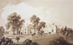 Vista de la Casa de la Granja con Pantalla a los Establos y Edificios de la Granja a la Casa Sezincote, grabado por Frederick Christian Lewis Snr., c.1817-18 de John Martin