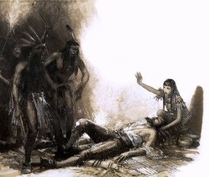 Pocahontas interviene para salvar la vida del capitán Smith (gouache sobre papel)