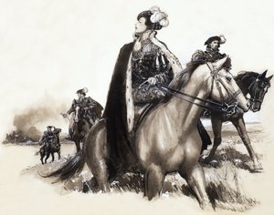 Una reina no identificada sale escoltada de una ciudad humeante de John Millar Watt