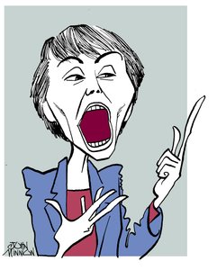 Camille Paglia - caricatura con la boca abierta de John Minnion