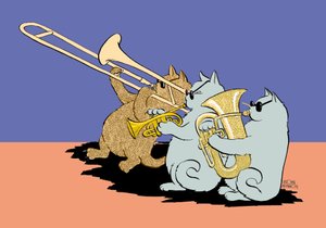 Caricatura de tres gatos con gafas de sol tocando el trombón, la trompeta y la tuba de John Minnion