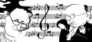 Hanns Eisler y Bertolt Brecht - collage de caricaturas de John Minnion