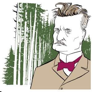 Jean Sibelius sobre un fondo de bosques finlandeses de John Minnion