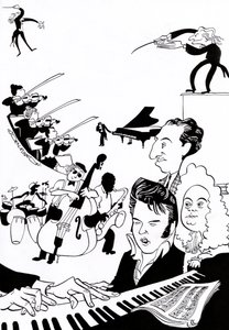 Fantasía musical - portada para libro o artículo de música - con directores, músicos, instrumentos, violín, batería, contrabajo, saxofón, piano, partitura, Elvis, Bach, de John Minnion