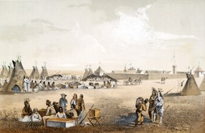 Fuerte Unión y distribución de bienes a los Assiniboins, pub. 1860 de John Mix Stanley