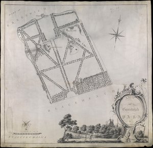 Plano de Greenwich Park, mostrando el Observatorio Real, One Tree Hill y la Casa del Guardabosques. de John Morton