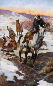 Trabajo de invierno para los vaqueros (litografía en color)