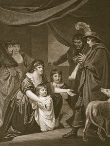 Lady Elizabeth Grey suplicando a Eduardo IV que proteja a sus hijos, grabado por W. Bromley, ilustración de 