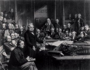 La Cámara de los Comunes en 1860: Lord Palmerston dirigiéndose a la Cámara durante el debate sobre el tratado con Francia, grabado por Falkner, 1863 de John Phillip