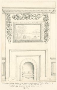 Chimenea tallada en la sala trasera en la planta baja con vista al jardín, Fairfax House, High Street, Putney, 1887 de John Phillipp Emslie