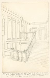 La continuación de la escalera, desde el vestíbulo hasta los pisos superiores, de Fairfax House, High Street, Putney, 1887 de John Phillipp Emslie
