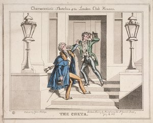 Vista de dos juerguistas ebrios en los escalones del Club Crockford, Londres, 1829