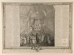 Una vista de la Cámara de los Pares, el Rey sentado en su trono, los Comunes asistiéndolo al final de la sesión 1741/2 de John Pine
